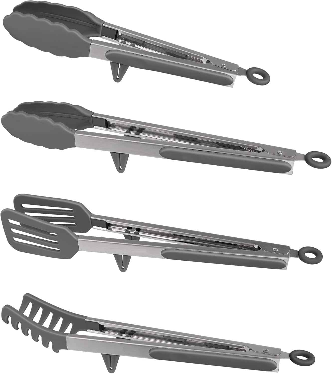 4in1 Stainless Steel Kitchen Food Tongs Set for Cooking with BPA Free Silicone Tips, Toaster Steak Pie Pizza Pasta Spaghetti Noodles Salad Fruit Vegetable Grill BBQ Buffet Clamp Serving Tools Gadgets