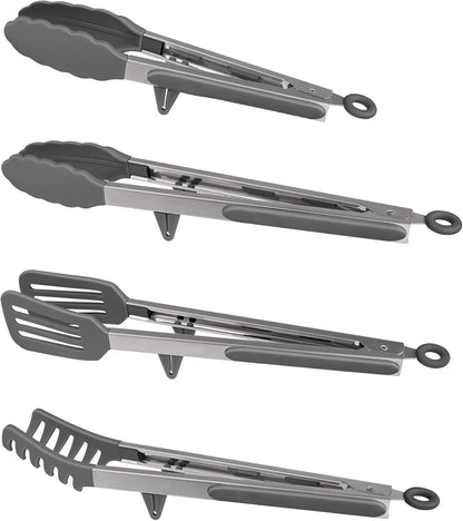 4in1 Stainless Steel Kitchen Food Tongs Set for Cooking with BPA Free Silicone Tips, Toaster Steak Pie Pizza Pasta Spaghetti Noodles Salad Fruit Vegetable Grill BBQ Buffet Clamp Serving Tools Gadgets