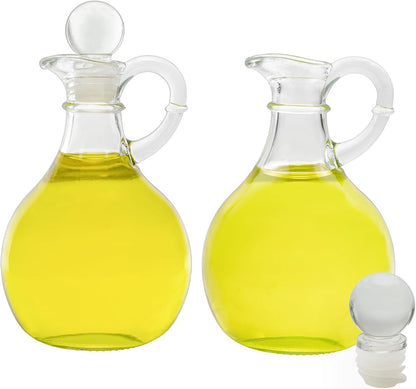 Glass Oil and Vinegar Cruets (Set of 2); 8oz Round Oil Dispensers/Salad Dressing Bottles with Stoppers