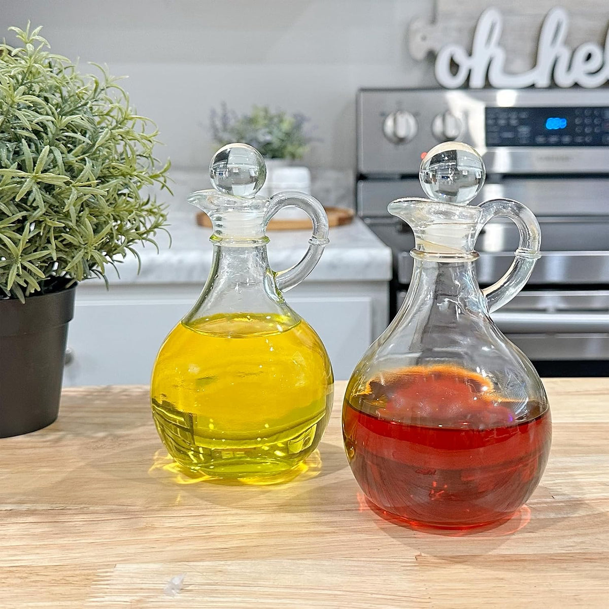 Glass Oil and Vinegar Cruets (Set of 2); 8oz Round Oil Dispensers/Salad Dressing Bottles with Stoppers