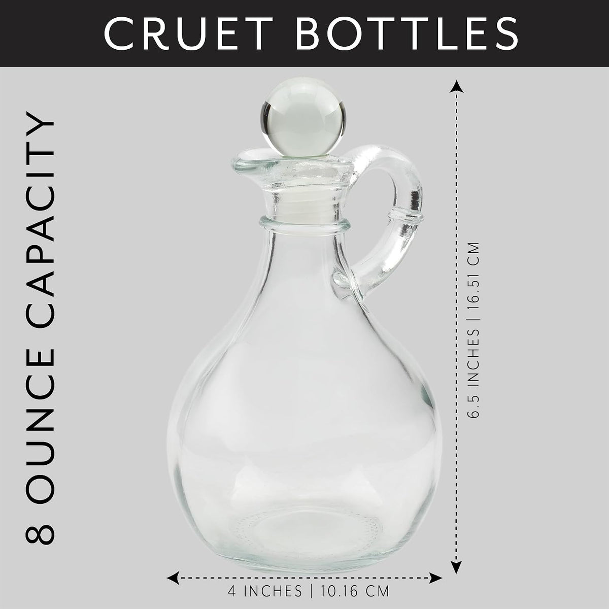 Glass Oil and Vinegar Cruets (Set of 2); 8oz Round Oil Dispensers/Salad Dressing Bottles with Stoppers