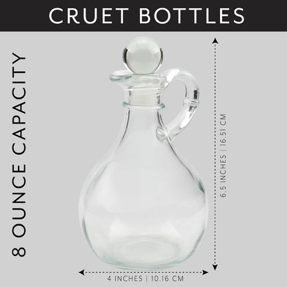 Glass Oil and Vinegar Cruets (Set of 2); 8oz Round Oil Dispensers/Salad Dressing Bottles with Stoppers