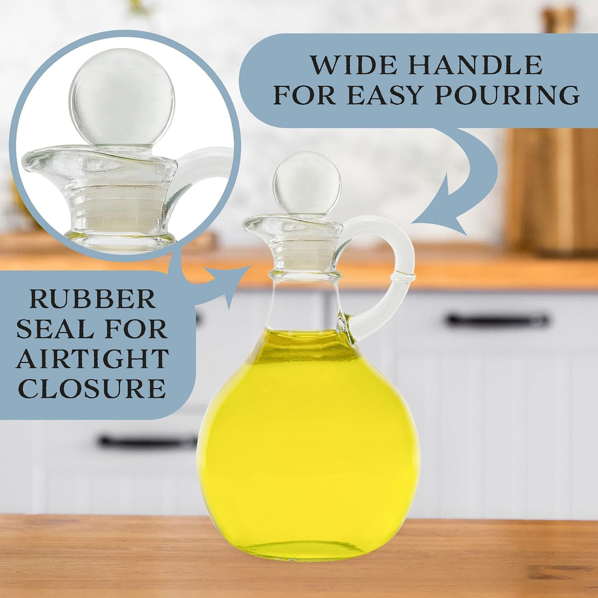 Glass Oil and Vinegar Cruets (Set of 2); 8oz Round Oil Dispensers/Salad Dressing Bottles with Stoppers