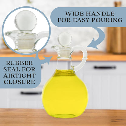 Glass Oil and Vinegar Cruets (Set of 2); 8oz Round Oil Dispensers/Salad Dressing Bottles with Stoppers