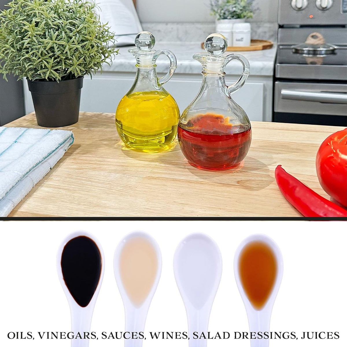 Glass Oil and Vinegar Cruets (Set of 2); 8oz Round Oil Dispensers/Salad Dressing Bottles with Stoppers