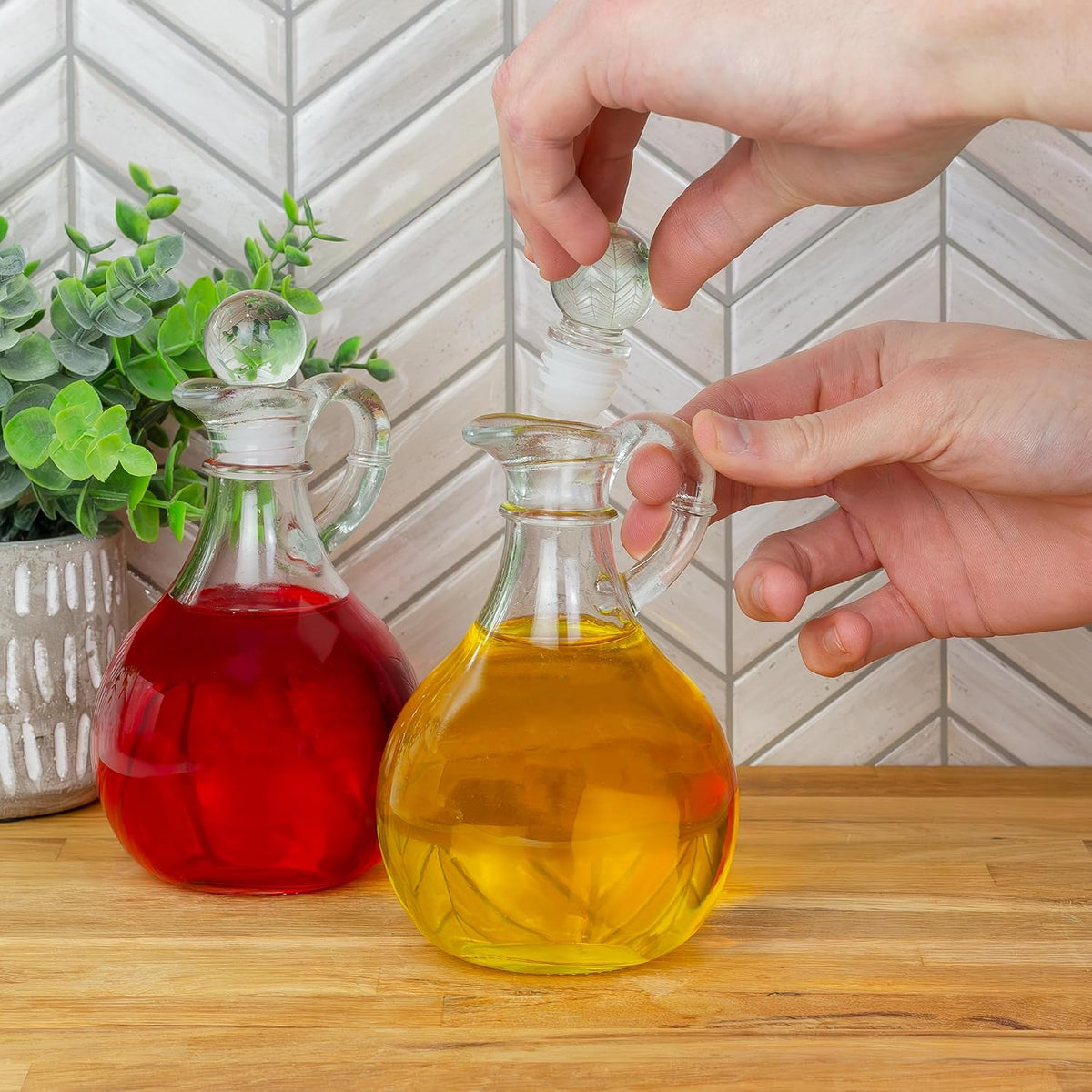 Glass Oil and Vinegar Cruets (Set of 2); 8oz Round Oil Dispensers/Salad Dressing Bottles with Stoppers