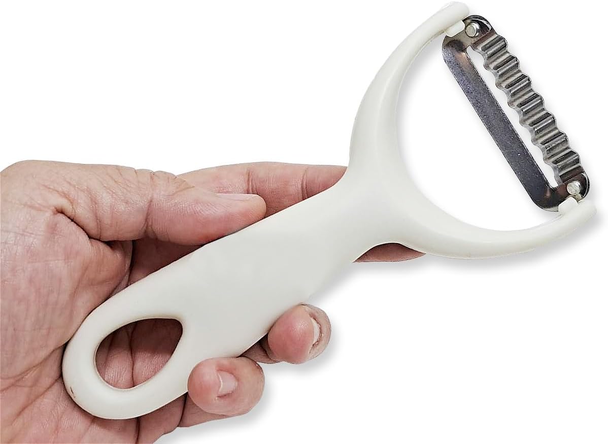 Kitchen Tool 5⅞" Long White Plastic Handle Stainless Steel Wavy Peeler Grater Shredder - Thai Cooking Utensils Multipurpose Portable Hand-Held Cookery Equipments for Food Fruit Vegetable