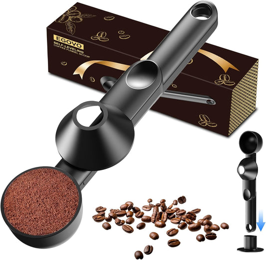 Coffee Scoop with Funnel for Reusable K Cup, 2 TBSP Measuring Spoon | Mess-Free Funnel Design, Sliding Leveler for Precise 2 TBSP, Long Handle for Coffee, Protein Powder & Tea (1-Pack)