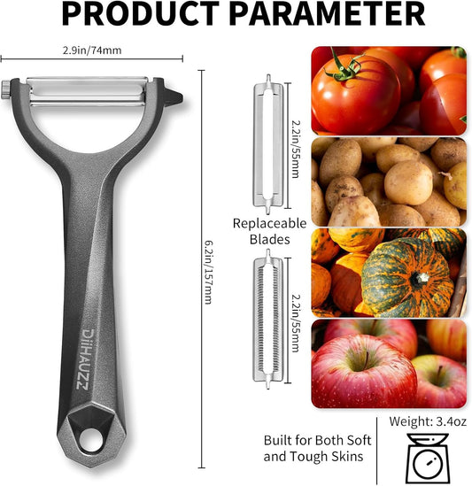 Potato Peeler, Blade Replaceable Aluminum Alloy Vegetable Peeler | 420J2 Ultra Sharp Serrated and Straight Blade, Y-Shaped, Rust and Corrosion Resistant, Dishwasher Safe, Non-Slip, Gift Box