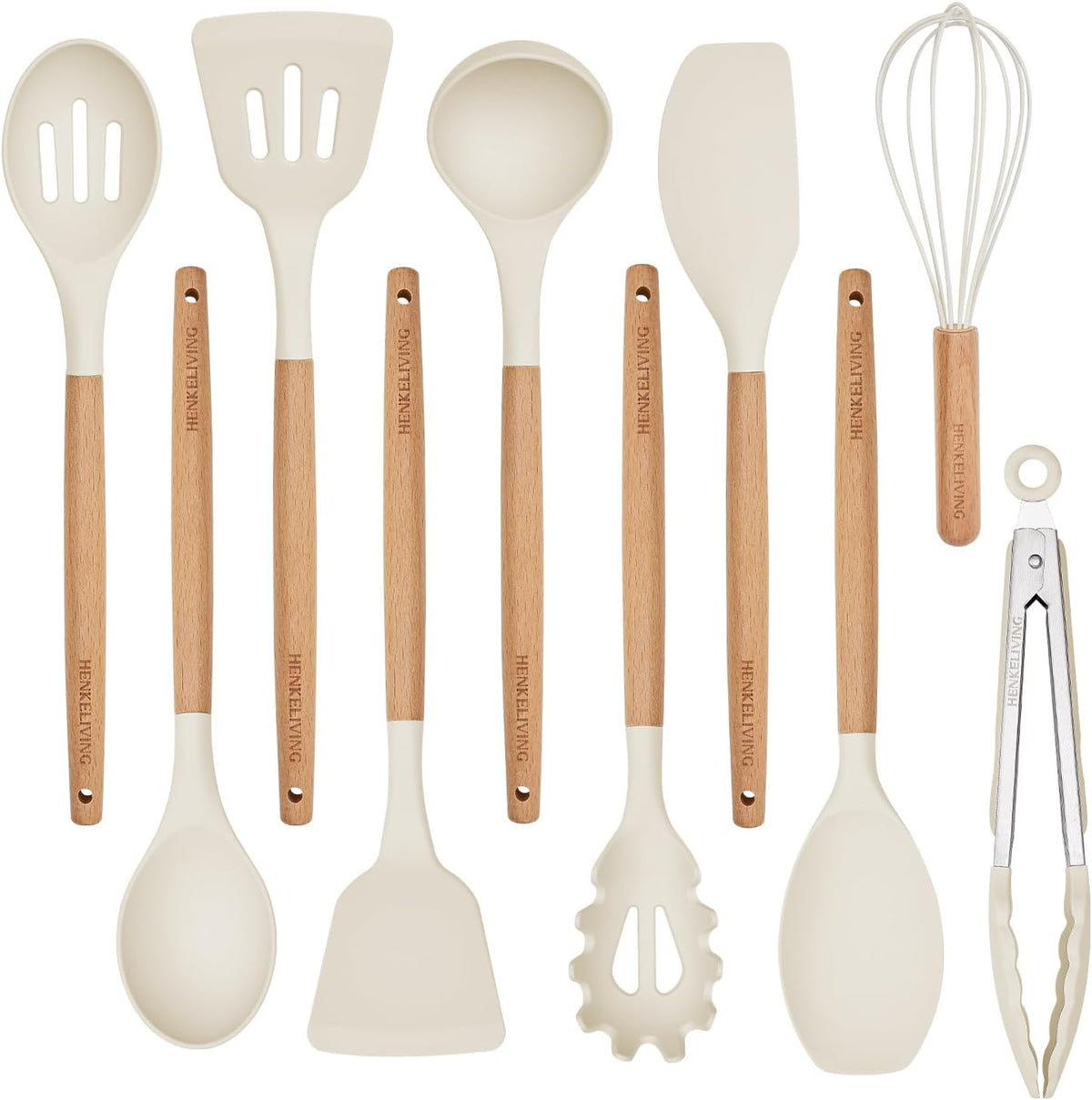 Silicone 10 Pcs Kitchen Cooking Utensils Set, Recycled Materials Certification, BPA Free Spatula Set with Heat Resistant Wood Handles for Nonstick Cookware, Cream White