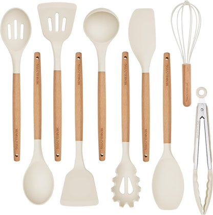 Silicone 10 Pcs Kitchen Cooking Utensils Set, Recycled Materials Certification, BPA Free Spatula Set with Heat Resistant Wood Handles for Nonstick Cookware, Cream White