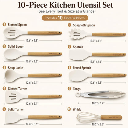 Silicone 10 Pcs Kitchen Cooking Utensils Set, Recycled Materials Certification, BPA Free Spatula Set with Heat Resistant Wood Handles for Nonstick Cookware, Cream White