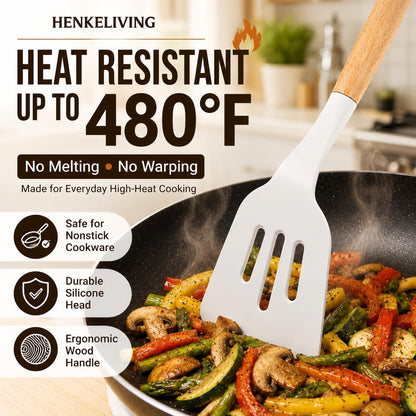 Silicone 10 Pcs Kitchen Cooking Utensils Set, Recycled Materials Certification, BPA Free Spatula Set with Heat Resistant Wood Handles for Nonstick Cookware, Cream White