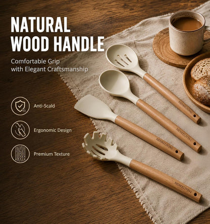 Silicone 10 Pcs Kitchen Cooking Utensils Set, Recycled Materials Certification, BPA Free Spatula Set with Heat Resistant Wood Handles for Nonstick Cookware, Cream White