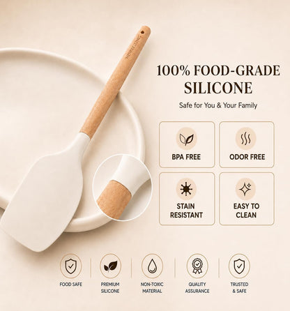 Silicone 10 Pcs Kitchen Cooking Utensils Set, Recycled Materials Certification, BPA Free Spatula Set with Heat Resistant Wood Handles for Nonstick Cookware, Cream White