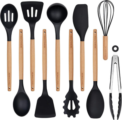Silicone 10 Pcs Kitchen Cooking Utensils Set, Recycled Materials Certification, BPA Free Spatula Set with Heat Resistant Wood Handles for Nonstick Cookware, Cream White