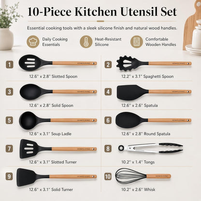 Silicone 10 Pcs Kitchen Cooking Utensils Set, Recycled Materials Certification, BPA Free Spatula Set with Heat Resistant Wood Handles for Nonstick Cookware, Cream White