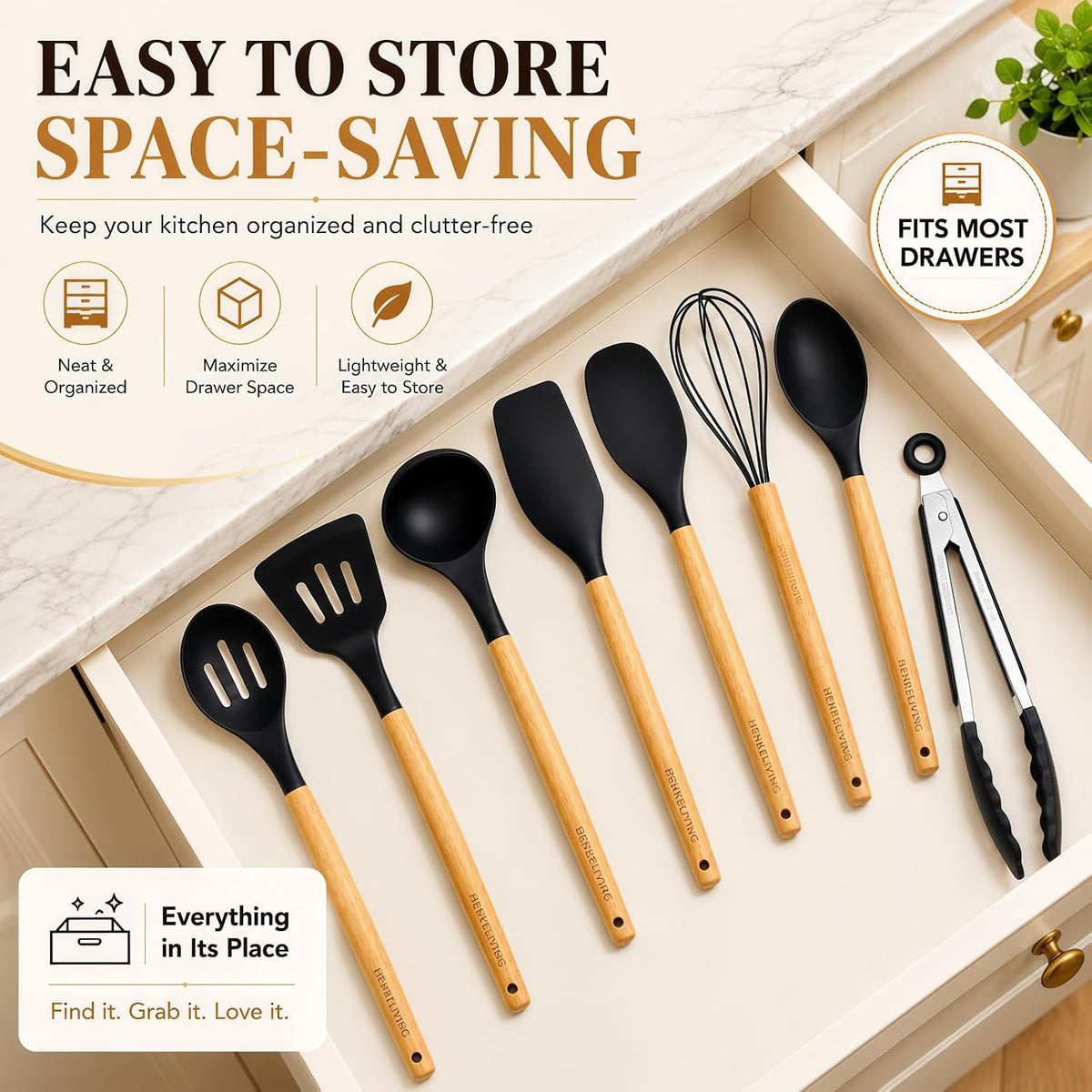 Silicone 10 Pcs Kitchen Cooking Utensils Set, Recycled Materials Certification, BPA Free Spatula Set with Heat Resistant Wood Handles for Nonstick Cookware, Cream White