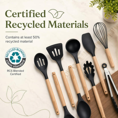 Silicone 10 Pcs Kitchen Cooking Utensils Set, Recycled Materials Certification, BPA Free Spatula Set with Heat Resistant Wood Handles for Nonstick Cookware, Cream White