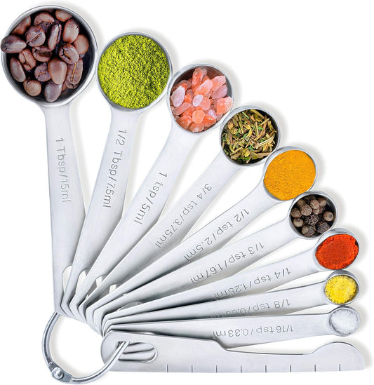 Stainless Steel Measuring Spoons - Set of 9 + Leveler | Heavy duty 18/8 stainless steel measuring spoon set with US & metric measurements for dry and liquid ingredients.
