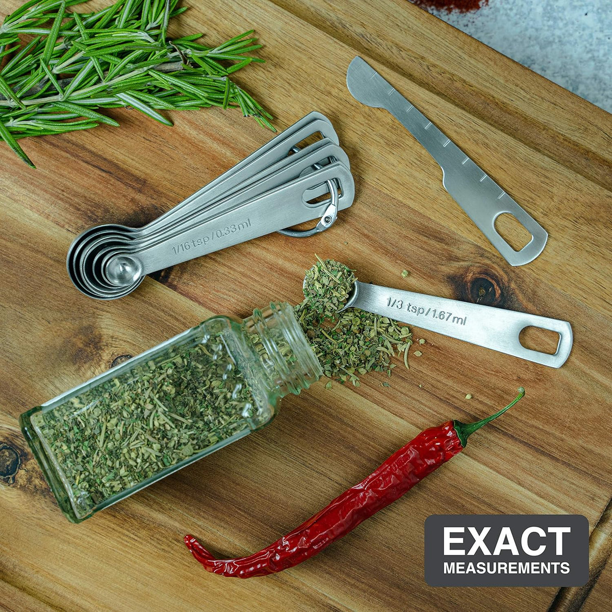 Stainless Steel Measuring Spoons - Set of 9 + Leveler | Heavy duty 18/8 stainless steel measuring spoon set with US & metric measurements for dry and liquid ingredients.