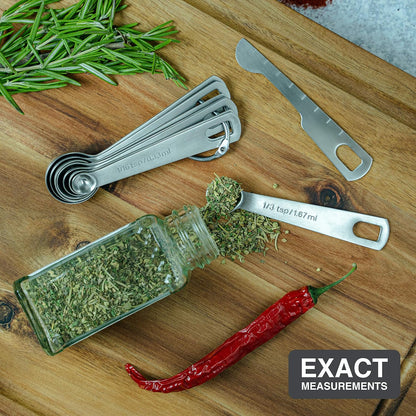 Stainless Steel Measuring Spoons - Set of 9 + Leveler | Heavy duty 18/8 stainless steel measuring spoon set with US & metric measurements for dry and liquid ingredients.
