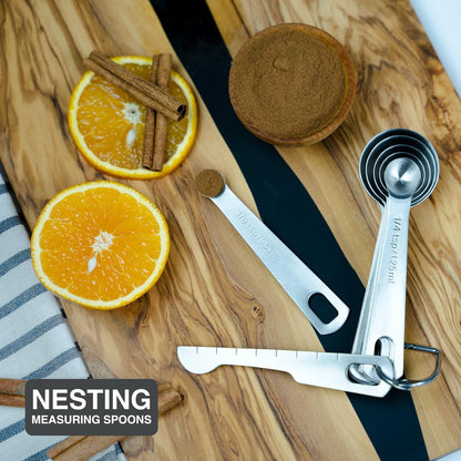 Stainless Steel Measuring Spoons - Set of 9 + Leveler | Heavy duty 18/8 stainless steel measuring spoon set with US & metric measurements for dry and liquid ingredients.
