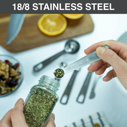 Stainless Steel Measuring Spoons - Set of 9 + Leveler | Heavy duty 18/8 stainless steel measuring spoon set with US & metric measurements for dry and liquid ingredients.