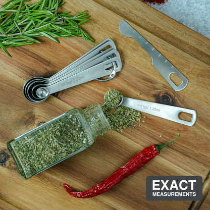 Stainless Steel Measuring Spoons - Set of 9 + Leveler | Heavy duty 18/8 stainless steel measuring spoon set with US & metric measurements for dry and liquid ingredients.