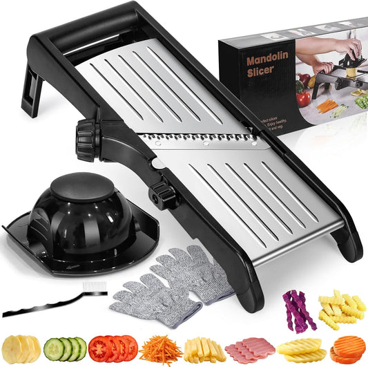 Mandoline Slicer for Kitchen, Adjustable Stainless Steel Food Slicer | Vegetable Chopper Onion Waffle French Fry Cutter Potato Chip Julienne Slicer with Safety Gloves & Cleanning Brush