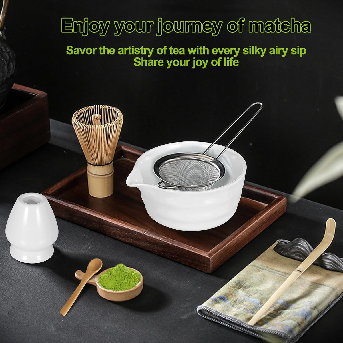 Matcha Whisk Set with Matcha Bowl, Matcha Bamboo Whisk, Scoop, Sifter, Matcha Whisk Holder Unique Gifts for Women/Men Mom/Dad, Birthday Gift for Friend/Family