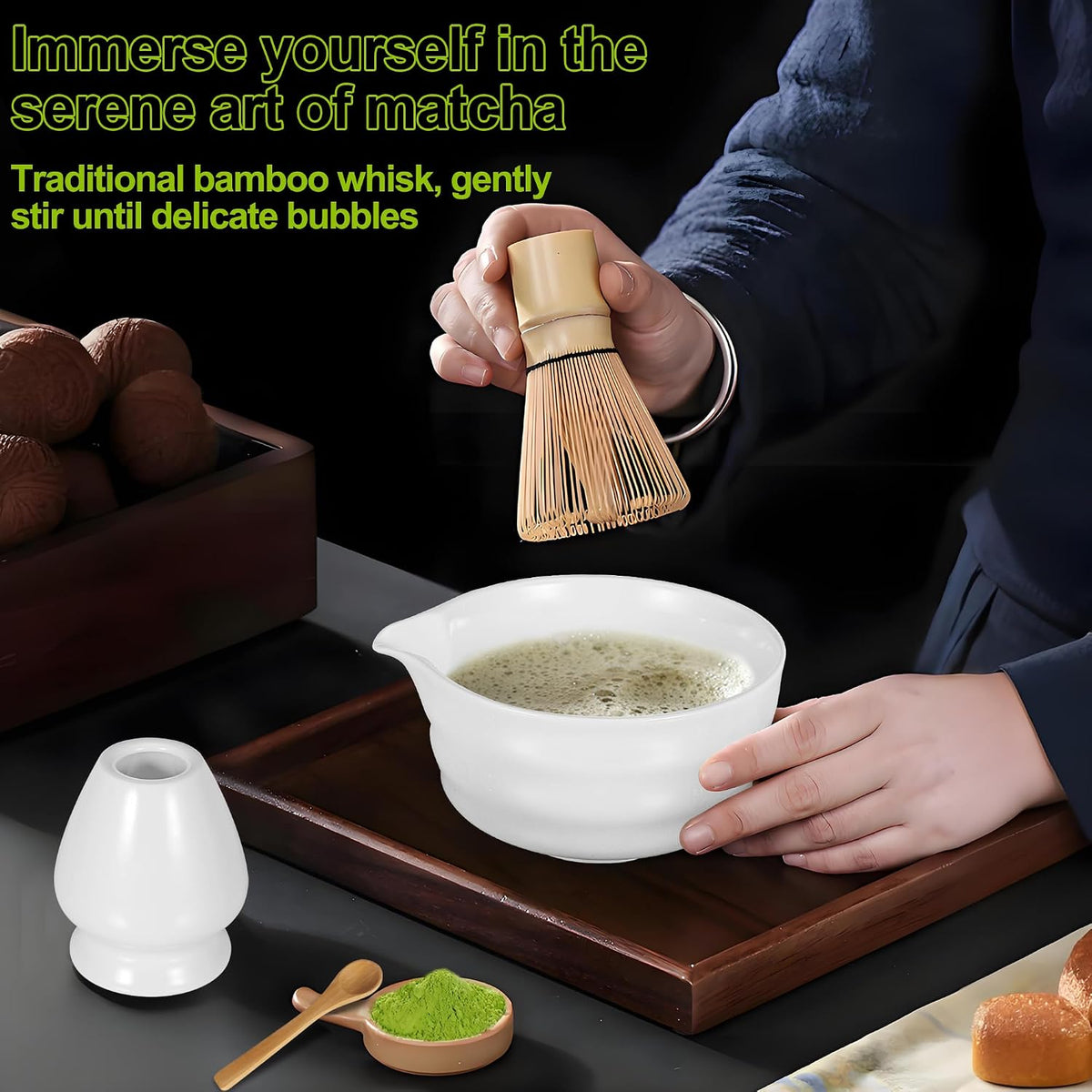 Matcha Whisk Set with Matcha Bowl, Matcha Bamboo Whisk, Scoop, Sifter, Matcha Whisk Holder Unique Gifts for Women/Men Mom/Dad, Birthday Gift for Friend/Family