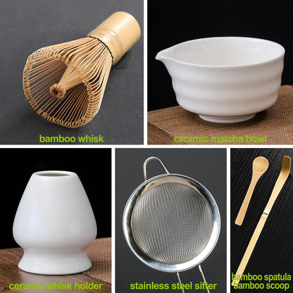 Matcha Whisk Set with Matcha Bowl, Matcha Bamboo Whisk, Scoop, Sifter, Matcha Whisk Holder Unique Gifts for Women/Men Mom/Dad, Birthday Gift for Friend/Family