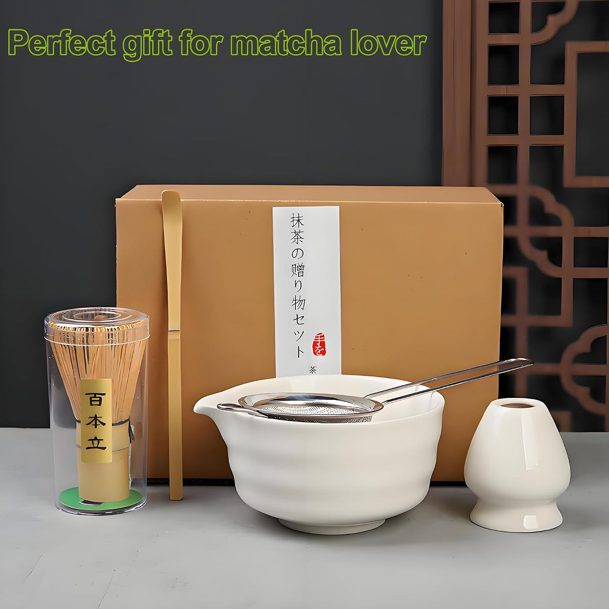 Matcha Whisk Set with Matcha Bowl, Matcha Bamboo Whisk, Scoop, Sifter, Matcha Whisk Holder Unique Gifts for Women/Men Mom/Dad, Birthday Gift for Friend/Family