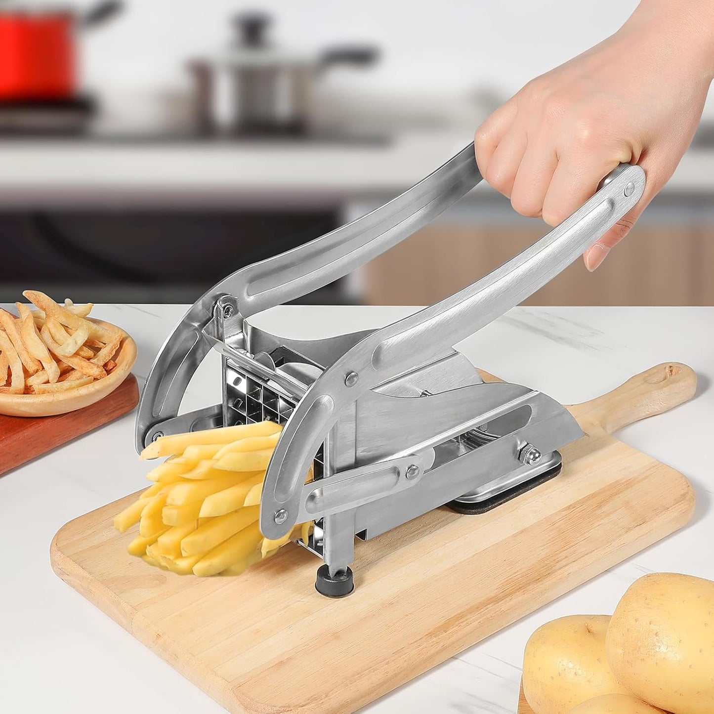 Professional French Fry Cutter - Stainless Steel Potato Slicer with 2 Blades (1/2 and 1/3 Inch) and Non-Slip Suction Feet for Homemade French Fries, Chips & Sweet Potatoes (Silver, 1PCS)