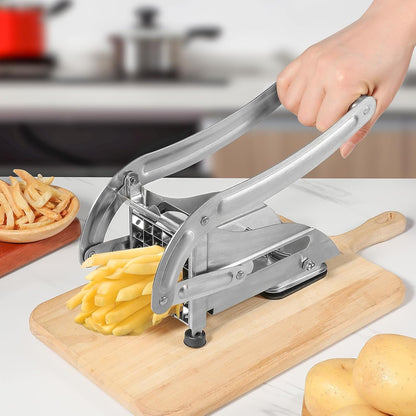 Professional French Fry Cutter - Stainless Steel Potato Slicer with 2 Blades (1/2 and 1/3 Inch) and Non-Slip Suction Feet for Homemade French Fries, Chips & Sweet Potatoes (Silver, 1PCS)