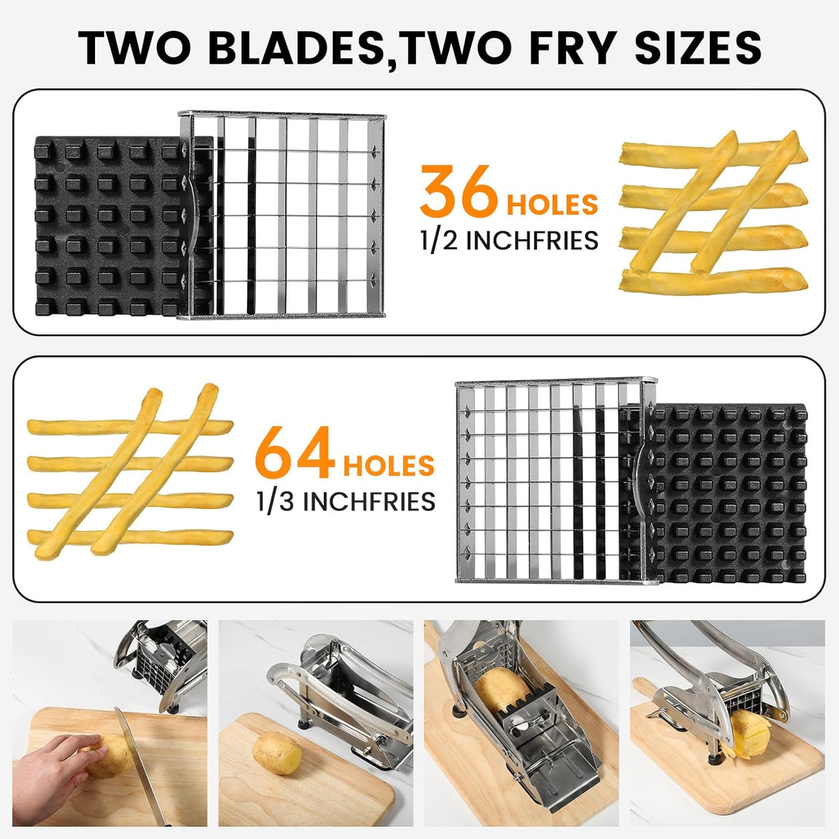 Professional French Fry Cutter - Stainless Steel Potato Slicer with 2 Blades (1/2 and 1/3 Inch) and Non-Slip Suction Feet for Homemade French Fries, Chips & Sweet Potatoes (Silver, 1PCS)