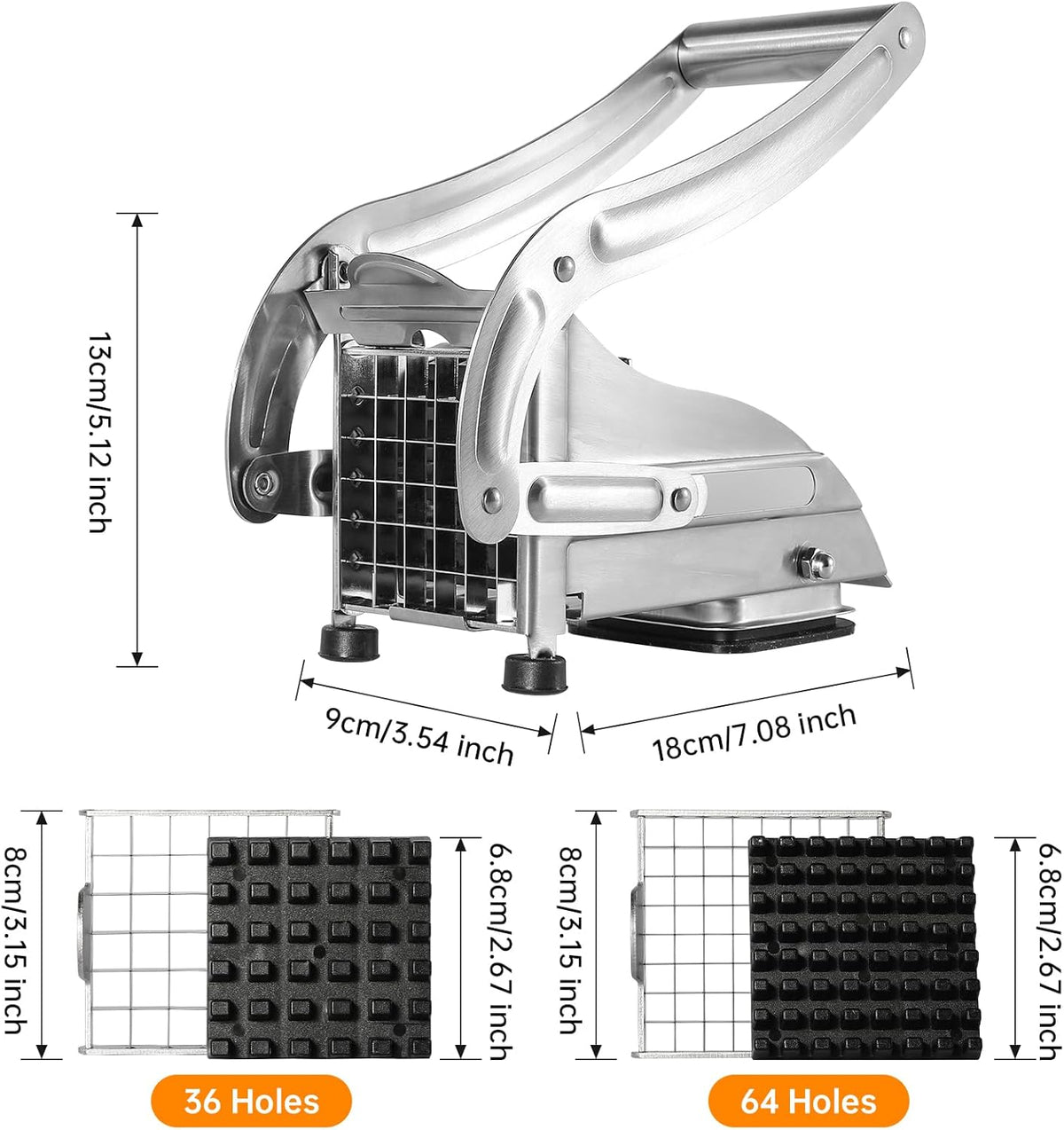 Professional French Fry Cutter - Stainless Steel Potato Slicer with 2 Blades (1/2 and 1/3 Inch) and Non-Slip Suction Feet for Homemade French Fries, Chips & Sweet Potatoes (Silver, 1PCS)