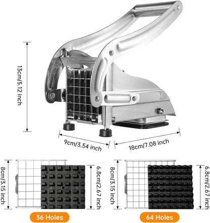 Professional French Fry Cutter - Stainless Steel Potato Slicer with 2 Blades (1/2 and 1/3 Inch) and Non-Slip Suction Feet for Homemade French Fries, Chips & Sweet Potatoes (Silver, 1PCS)