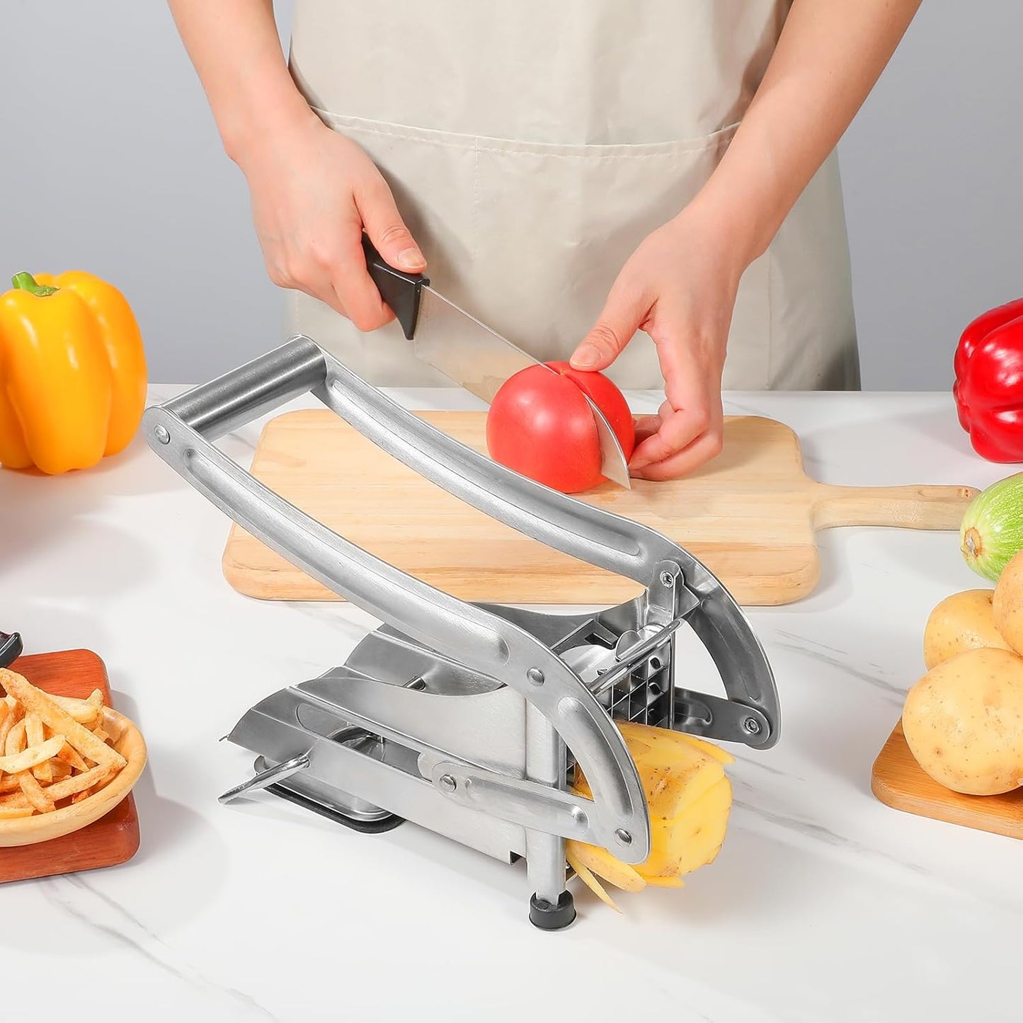 Professional French Fry Cutter - Stainless Steel Potato Slicer with 2 Blades (1/2 and 1/3 Inch) and Non-Slip Suction Feet for Homemade French Fries, Chips & Sweet Potatoes (Silver, 1PCS)