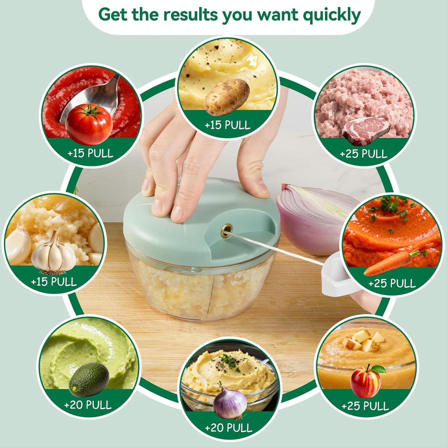 Manual Food Processor Vegetable Chopper,‌ Portable Hand Pull String Garlic Mincer Onion Cutter for Veggies, Suitable for Vegetables, Ginger, Garlic, Fruits, Onion, Potato, Salad (Green 500 ml)