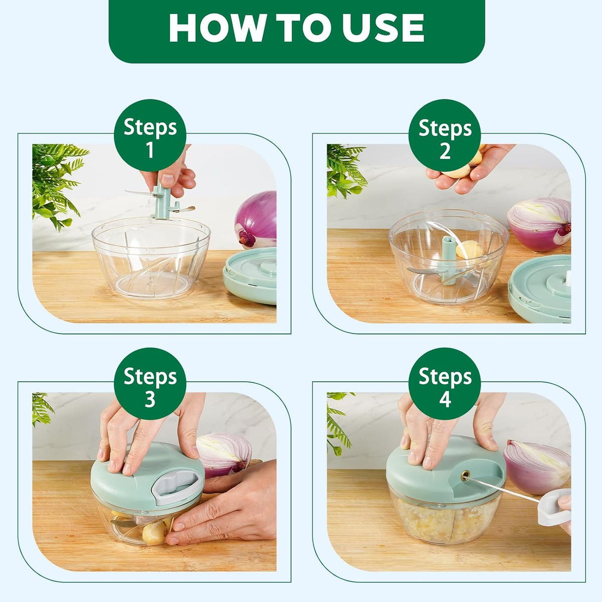 Manual Food Processor Vegetable Chopper,‌ Portable Hand Pull String Garlic Mincer Onion Cutter for Veggies, Suitable for Vegetables, Ginger, Garlic, Fruits, Onion, Potato, Salad (Green 500 ml)