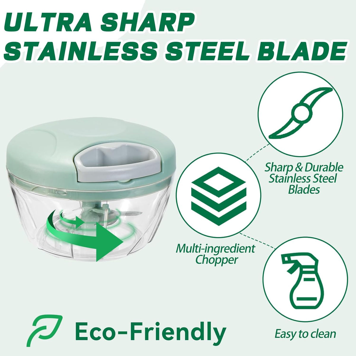 Manual Food Processor Vegetable Chopper,‌ Portable Hand Pull String Garlic Mincer Onion Cutter for Veggies, Suitable for Vegetables, Ginger, Garlic, Fruits, Onion, Potato, Salad (Green 500 ml)