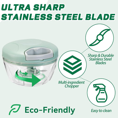 Manual Food Processor Vegetable Chopper,‌ Portable Hand Pull String Garlic Mincer Onion Cutter for Veggies, Suitable for Vegetables, Ginger, Garlic, Fruits, Onion, Potato, Salad (Green 500 ml)