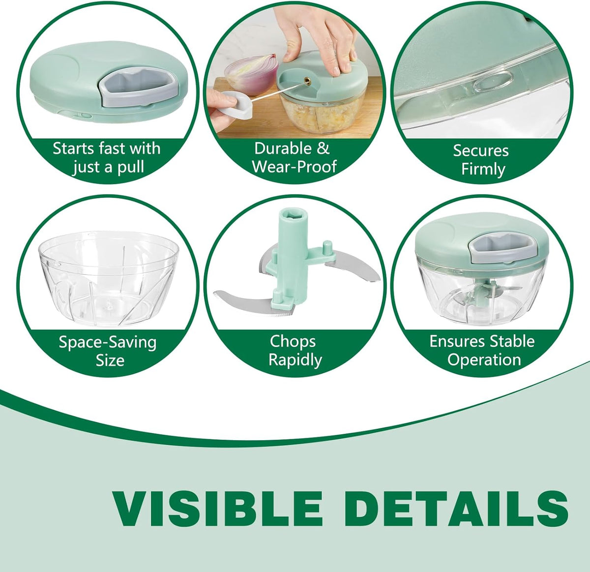 Manual Food Processor Vegetable Chopper,‌ Portable Hand Pull String Garlic Mincer Onion Cutter for Veggies, Suitable for Vegetables, Ginger, Garlic, Fruits, Onion, Potato, Salad (Green 500 ml)
