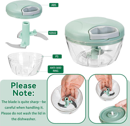 Manual Food Processor Vegetable Chopper,‌ Portable Hand Pull String Garlic Mincer Onion Cutter for Veggies, Suitable for Vegetables, Ginger, Garlic, Fruits, Onion, Potato, Salad (Green 500 ml)