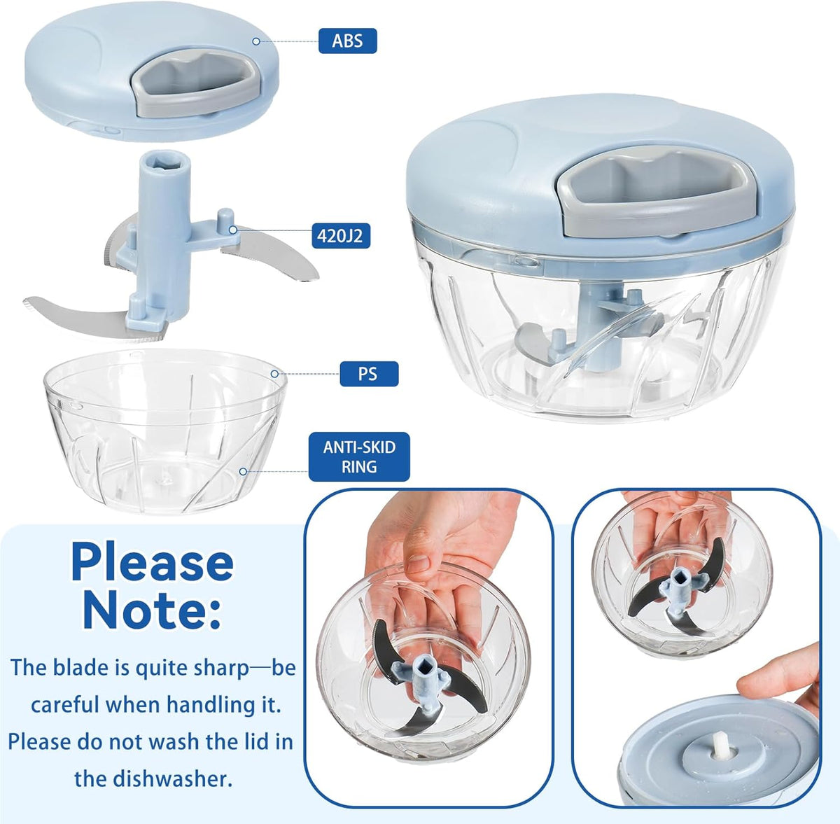 Manual Food Processor Vegetable Chopper,‌ Portable Hand Pull String Garlic Mincer Onion Cutter for Veggies, Suitable for Vegetables, Ginger, Garlic, Fruits, Onion, Potato, Salad (Green 500 ml)