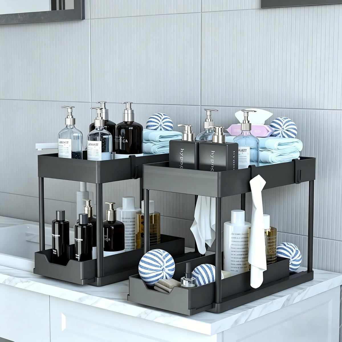 Under Sink Organizer 2 Pack, Bathroom Cabinet Organizer, 2 Tier Sliding Cabinet Basket Organizer Drawer, Multi-Purpose Bath Collection Baskets for Bathroom (Black)