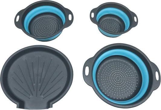 Sink diversion Collapsible Colanders (3 Pack Set) Food Strainers with Over-Sink Water Draining Base for Pasta Fruits and Vegetables(3 Sizes, 3QT, 4QT and 5 Quart) (Blue)