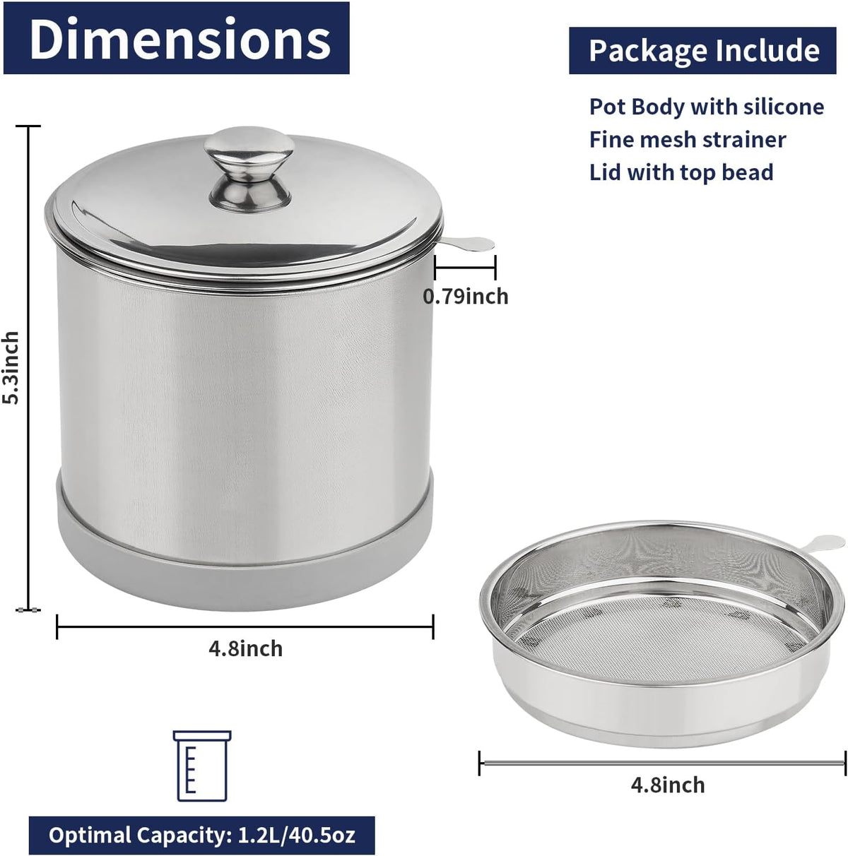 1.2L Bacon Grease Container with Fine Mesh Strainer
